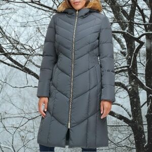 Cole Haan Peltre Gray Long Chevron Down Coat. Ultra-Warm & Chic. Size L